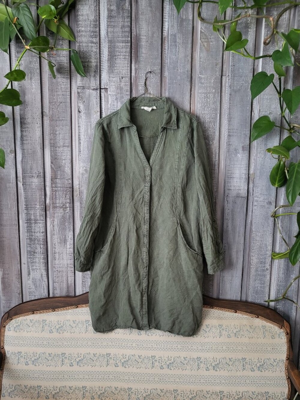 Lucky Brand Olive Green Linen Utility Shirt Dress M Pockets Roll Tab Sleeve